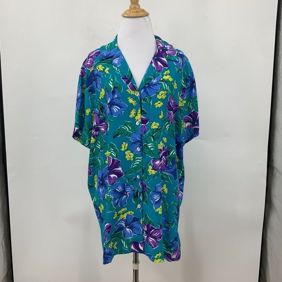 Jones New York Hawaiian Shirt Womens 12 Teal Floral Rayon Short Sleeve Button Up - Picture 2 of 13